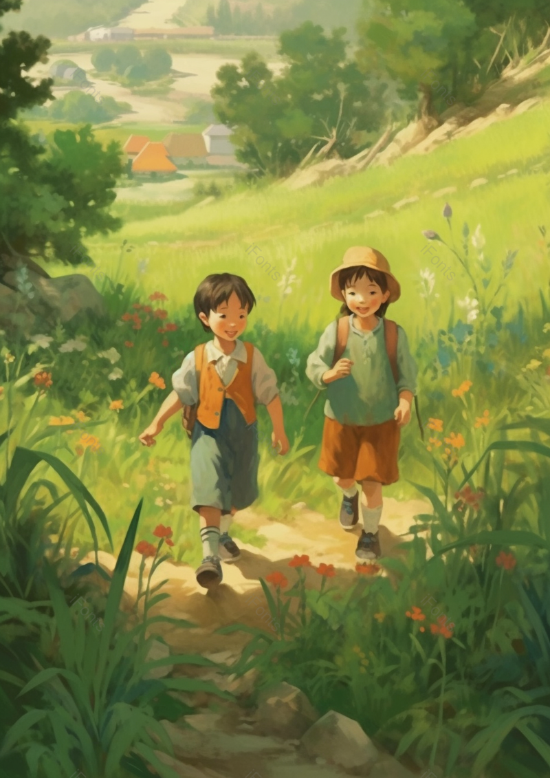 上学途中两位可爱的小朋友走在田野中,插画/手绘图,插画/手绘图库,插画/手绘图下载,插画/手绘